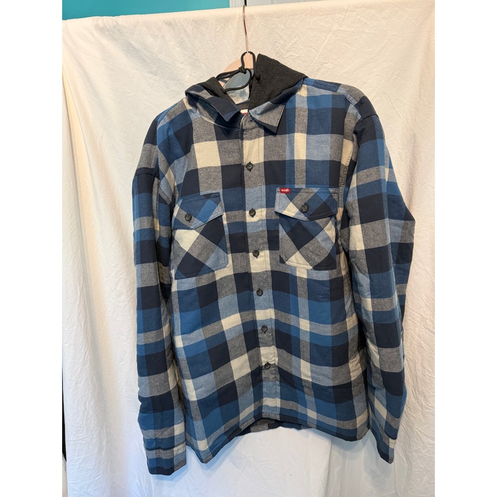 Wrangler Mens Blue Plaid Quilted Lined Hooded Flannel Shirt Jacket XL